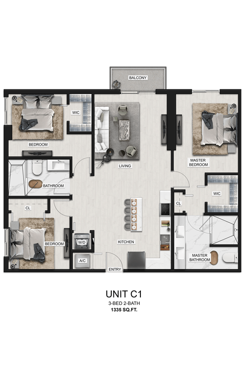 Floor plan for 3 beds, 2 baths, 1335 sqft
